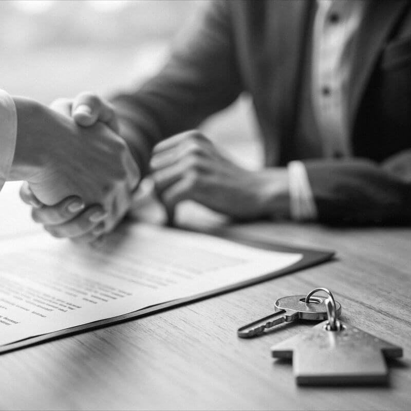 Két személy kezet ráz bérleti szerződéskötés megállapodásakor. Az asztalon hivatalos szerződés látható, valamint egy kulcscsomó ház alakú kulcstartóval, amely az ingatlan bérbeadását szimbolizálja. Az egyik fél elegáns öltönyt visel, jelezve a hivatalos üzleti környezetet. A kép a sikeres bérleti megállapodás lezárását és a lakás vagy üzlethelyiség birtokba adását ábrázolja.