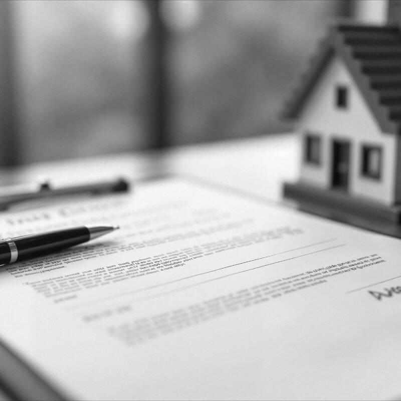 Ingatlan adásvételi előszerződés kötés egy ingatlan vásárláshoz – Közeli kép egy aláírásra váró szerződésről, mellette egy toll és egy kis házmodell egy világos irodai környezetben. Az ingatlan adásvételi szerződés előzetes megállapodásának szimbolikus ábrázolása.