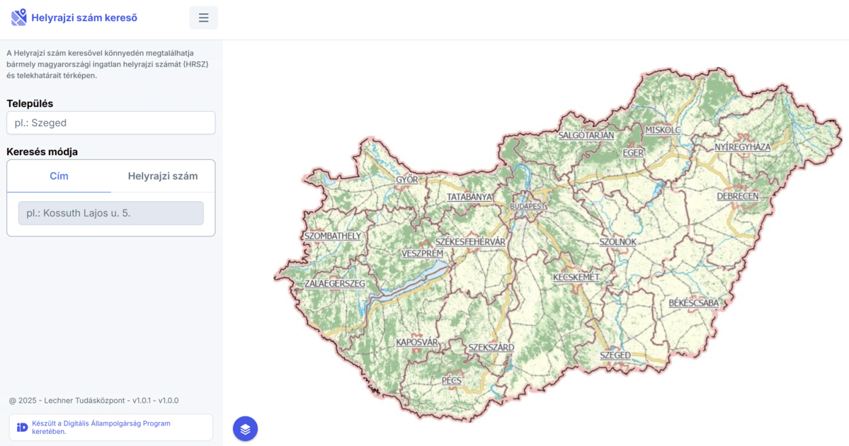 Magyarország térképe a helyrajzi szám kereső online felületén, ahol bármely település ingatlanának helyrajzi száma lekérdezhető.