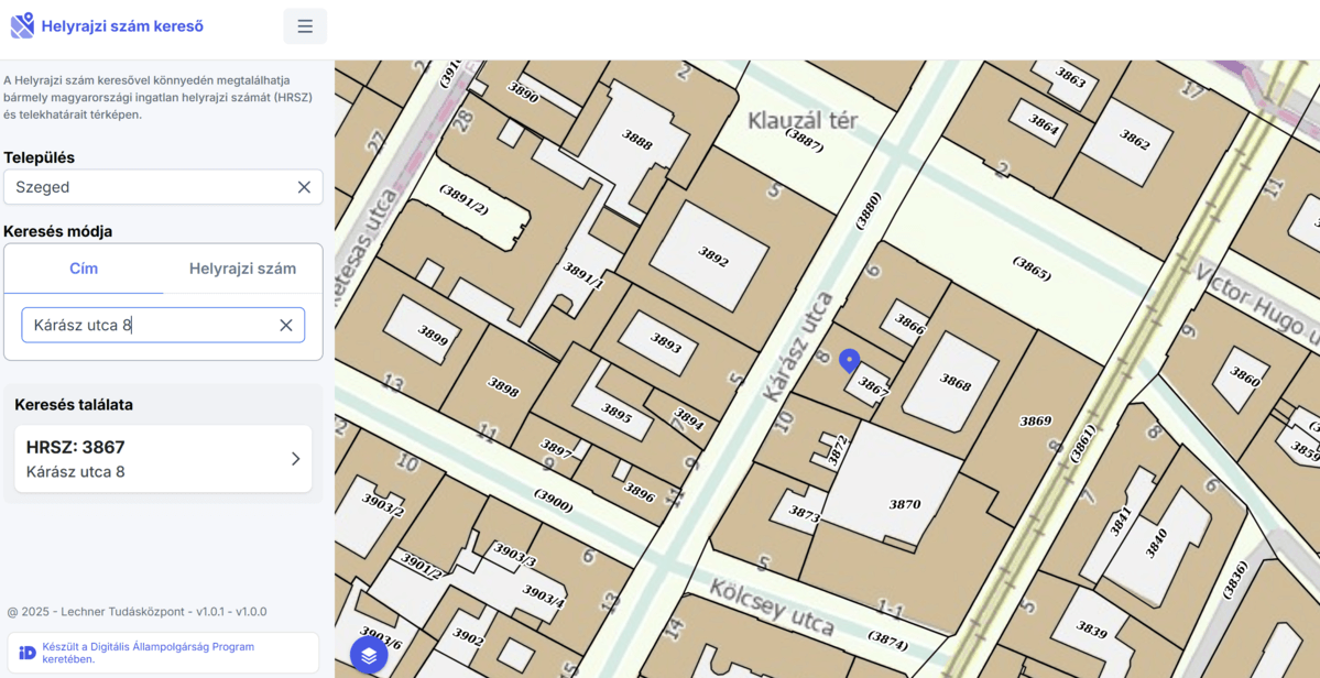A helyrajzi szám kereső térképes felülete, amely Szeged belvárosa helyrajzi számait mutatja.