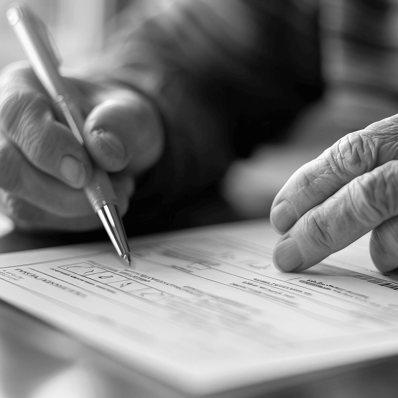 Idősebb férfi aláírja a végrendeletet és öröklési szerződést, a kezében tollal, közelről fotózva, hivatalos dokumentum kitöltése közben.