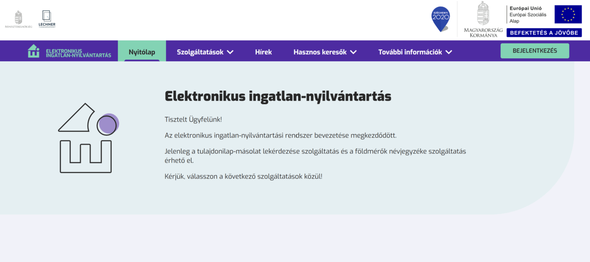 elektronikus-ingatlan-nyilvantartas-nyitolap-ingyenes-tulajdoni-lap-lekerese Az elektronikus ingatlan-nyilvántartás nyitólapja, ahol az ügyfelek tájékoztatást kapnak az ingyenes tulajdoni lap lekérése lehetőségéről és a rendszer bevezetéséről.