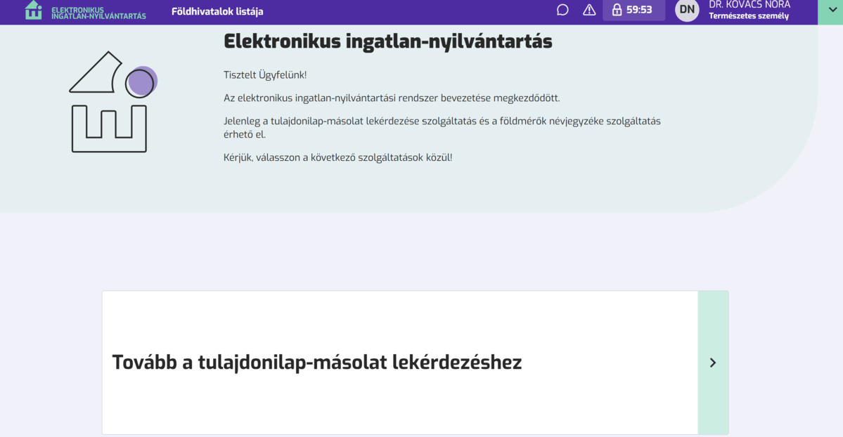 foldhivatalok-listaja-ingyenes-tulajdoni-lap-lekerese Elektronikus ingatlan-nyilvántartás felülete, ahol a felhasználó továbbléphet az ingyenes tulajdoni lap lekérése szolgáltatáshoz.