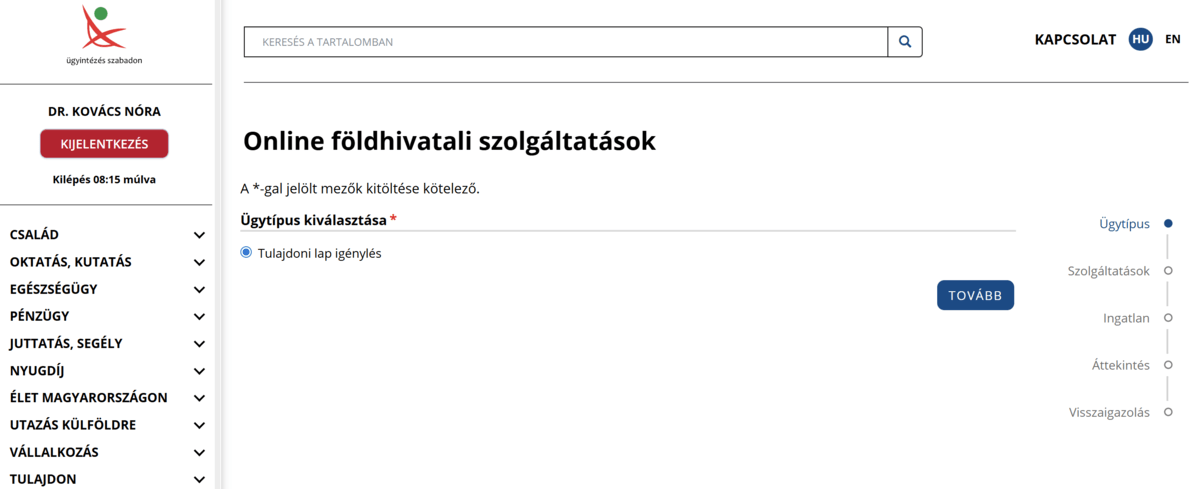 online-foldhivatali-ugyintezes-ingyenes-tulajdoni-lap-lekerese Online földhivatali szolgáltatások oldala, ahol a felhasználó a tulajdoni lap igénylésének típusát választja ki. A felület az ingyenes tulajdoni lap lekérése folyamatának első lépését mutatja.