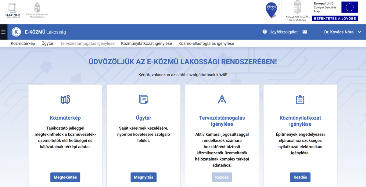 Az E-Közmű lakossági rendszer főoldala, ahol a felhasználó a közműtérkép megtekintése, ügytár, tervezéstámogatás igénylése és közműnyilatkozat kérése közül választhat. A felület része annak az online környezetnek, ahol a Nem hiteles térképmásolat ingyen megtekinthető a közműszolgáltatók térképi adatai alapján.
