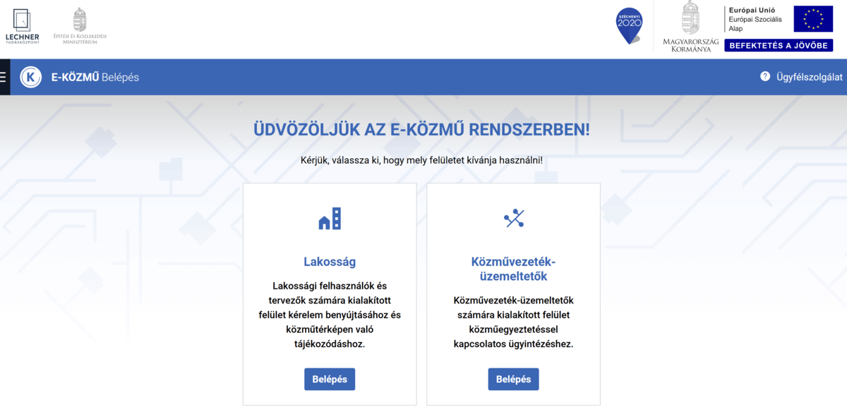 E-Közmű rendszer kezdőoldala lakossági és közműüzemeltetői belépési lehetőségekkel, ahol a felhasználók online ügyintézést végezhetnek, például Nem hiteles térképmásolat ingyen lekéréséhez szükséges előkészületeket.