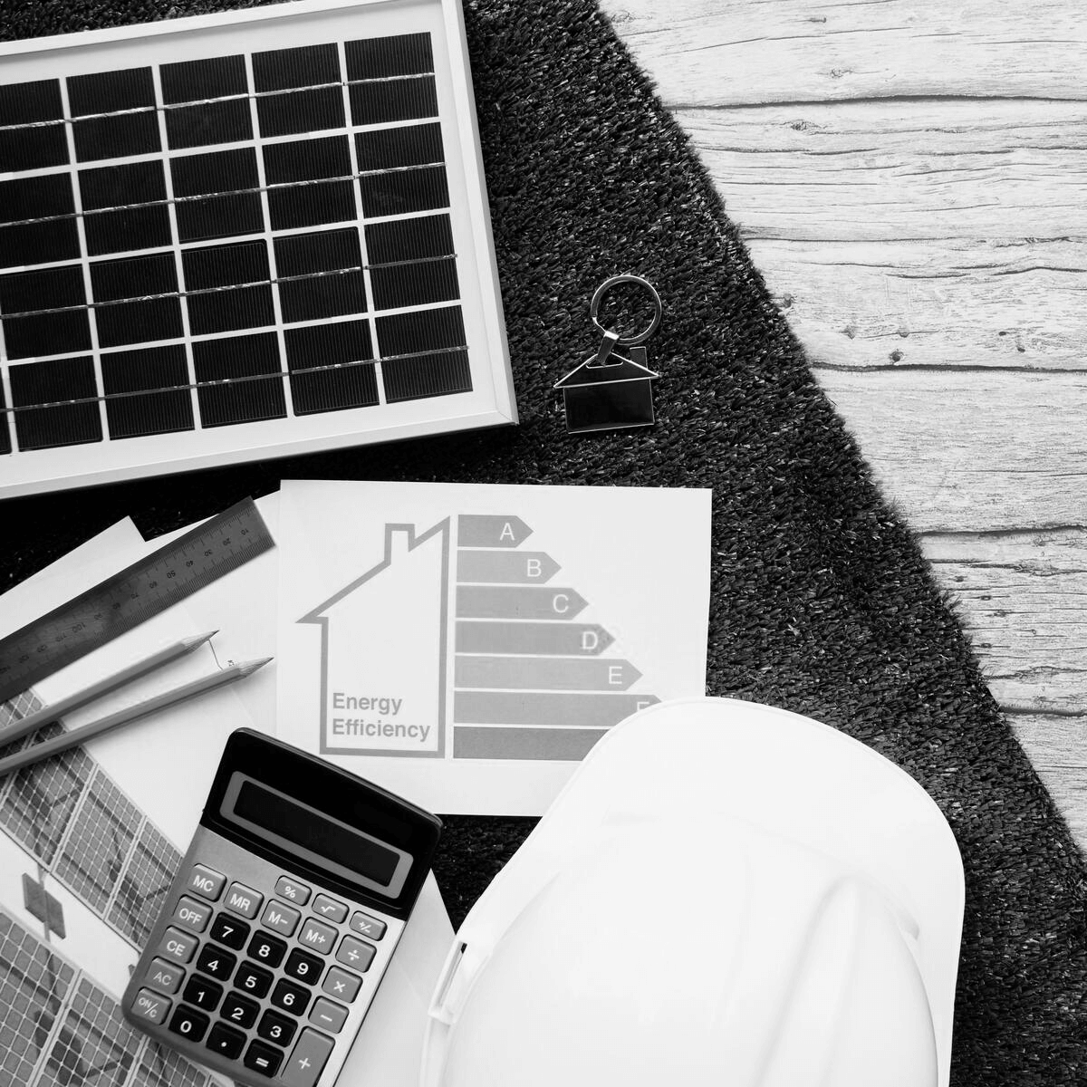 Energetikai tanúsítványt ábrázoló dokumentum napelemmel, számológéppel és építészeti eszközökkel, amely az ingatlan energiahatékonyságának és fenntartható megoldásainak tervezését szemlélteti,