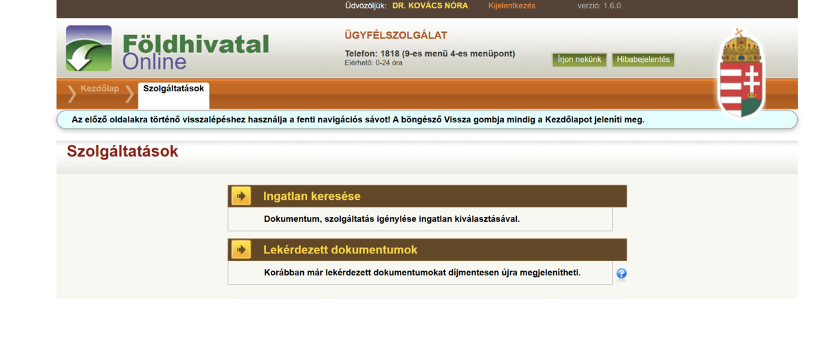 Földhivatal Online felület szolgáltatásválasztó képernyője, ahol az ingatlan keresése és a lekérdezett dokumentumok megnyitása érhető el; a folyamat részeként nem hiteles térképmásolat ingyen is lekérhető a megfelelő menüpont használatával.