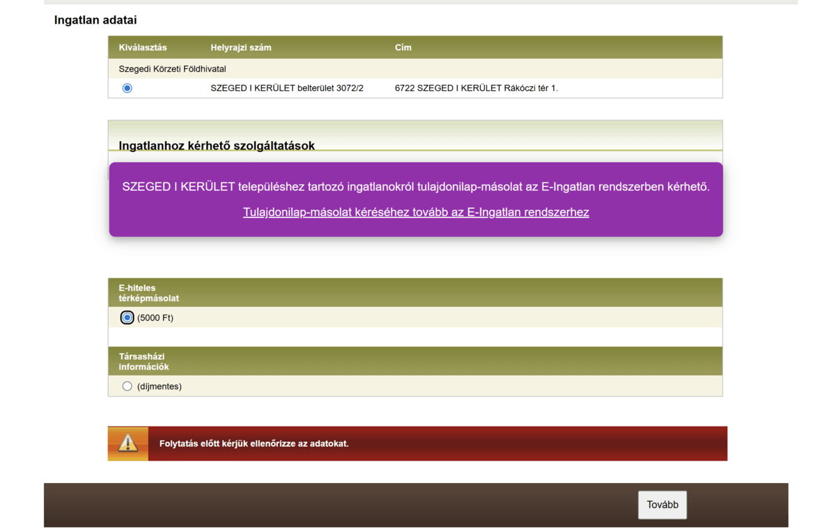 Földhivatal Online keresőfelület, ahol a felhasználó cím vagy speciális címadatok megadásával kereshet ingatlant, hogy elérje a nem hiteles térképmásolat ingyen igényelhető dokumentumát.