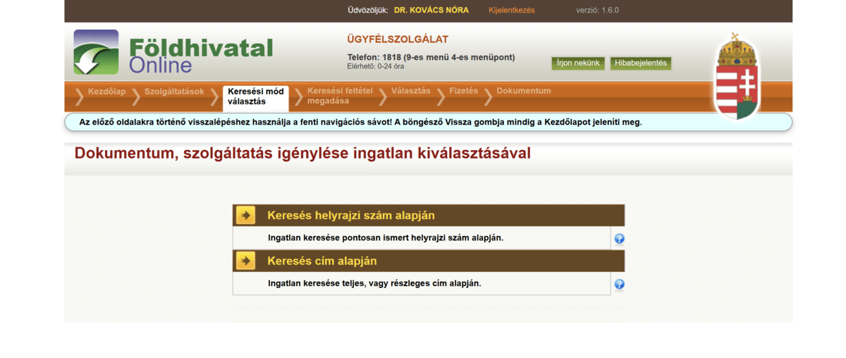 A Földhivatal Online rendszer ingatlankeresési módot kínáló oldala, ahol helyrajzi szám vagy cím alapján választható ki az ingatlan; innen indul a nem hiteles térképmásolat ingyen igényelhető folyamat.
