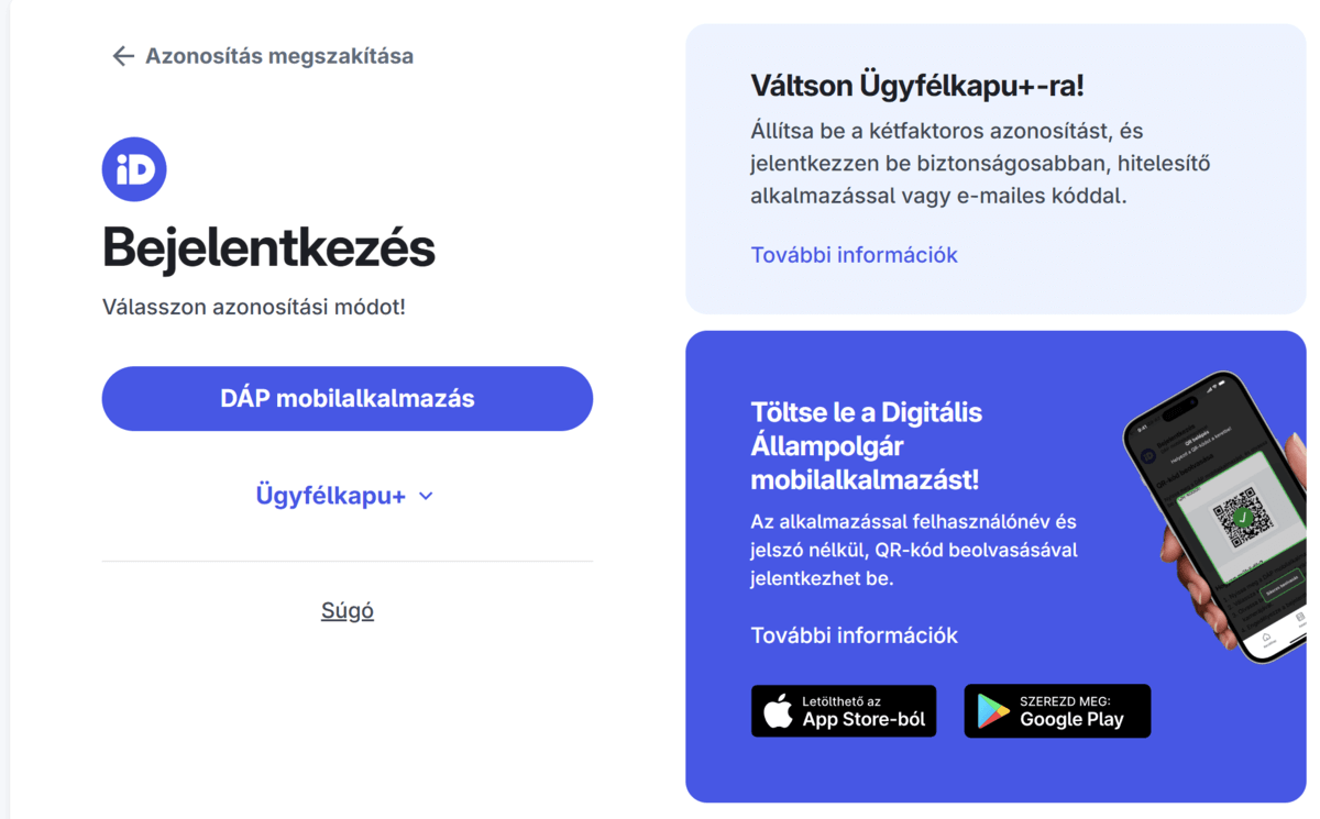 Bejelentkezési felület a DÁP mobilalkalmazás és az Ügyfélkapu+ között választási lehetőséggel, ahol a felhasználó biztonságos azonosítást indíthat. A képen megjelenik a digitális állampolgár alkalmazás letöltési lehetősége is. A felület kapcsolódik ahhoz a folyamathoz, amelyen keresztül a Nem hiteles térképmásolat ingyen elérhető különböző közigazgatási rendszerekben.